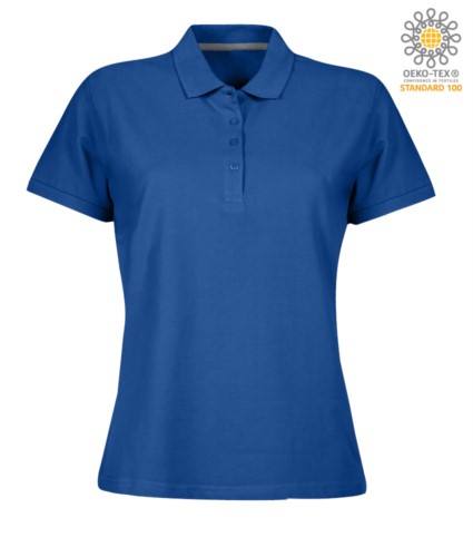 Women short sleeved polo shirt with four buttons closure, 100% cotton. royal blue colour