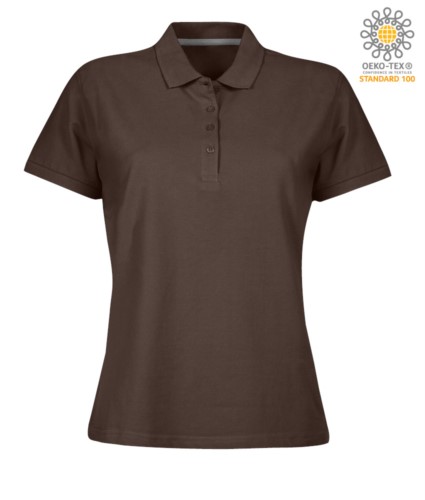 Women short sleeved polo shirt with four buttons closure, 100% cotton. brown colour
