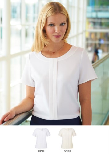 Woman's short-sleeved blouse in polyether and elastane in white and cream. Use for elegant uniform from receptionists, hoteliers, hostesses. Request a quote.