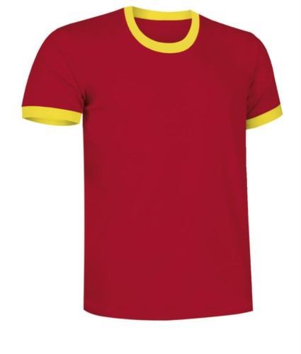 Short sleeve cotton ring spun T-Shirt with contrasting crew neck and sleeve bottoms, colour red and yellow