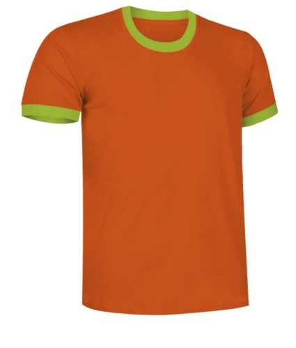 Short sleeve cotton ring spun T-Shirt with contrasting crew neck and sleeve bottoms, colour orange and green