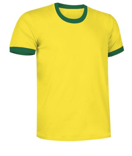 Short sleeve cotton ring spun T-Shirt with contrasting crew neck and sleeve bottoms, colour yellow and green