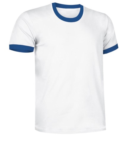 Short sleeve cotton ring spun T-Shirt with contrasting crew neck and sleeve bottoms, colour white and light blue