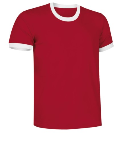Short sleeve cotton ring spun T-Shirt with contrasting crew neck and sleeve bottoms, colour red and white