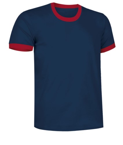 Short sleeve cotton ring spun T-Shirt with contrasting crew neck and sleeve bottoms, colour navy blue and red