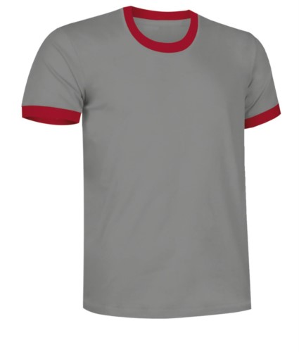 Short sleeve cotton ring spun T-Shirt with contrasting crew neck and sleeve bottoms, colour grey and red 