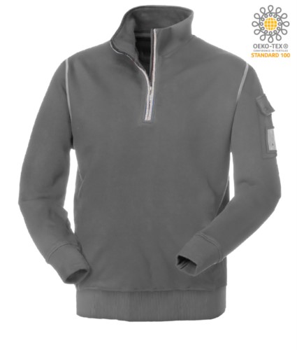grey short-zip work sweatshirt with wolf neck