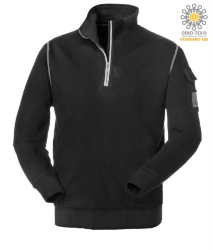Black short-zip work sweatshirt with wolf neck 