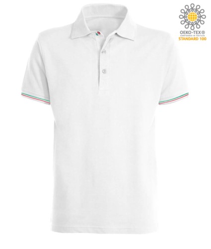 Short-sleeved polo shirt in 100% cotton jersey with Italian tricolor profile on the sleeve edge, two matching buttons and one tricolor