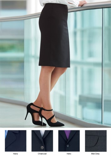 Elegant polyester and wool uniform skirt, available in black and blue. Anti-fold fabric.