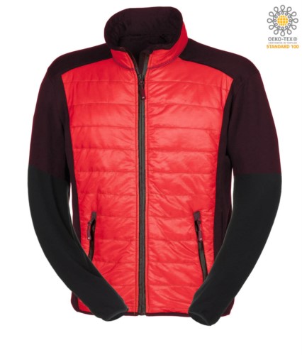 Slim fit jacket for men, with mixed material: fleece and primaloft padding, high rigid collar. Long front zip in contrast.Colour: red & black
