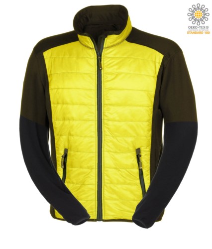 Slim fit jacket for men, with mixed material: fleece and primaloft padding, high rigid collar. Long front zip in contrast.Colour: yellow & black