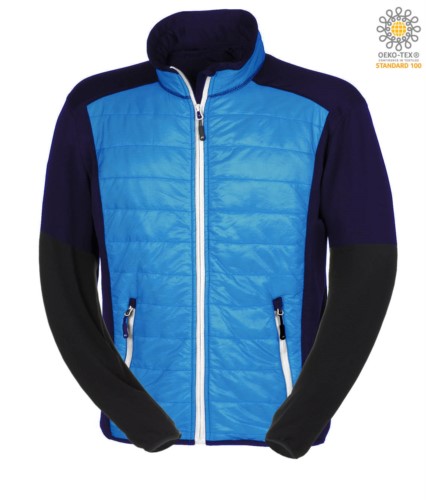 Slim fit jacket for men, with mixed material: fleece and primaloft padding, high rigid collar. Long front zip in contrast colour white.Colour: cobalt and black