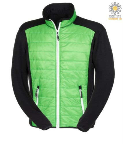 Slim fit jacket for men, with mixed material: fleece and primaloft padding, high rigid collar. Long front zip in contrast colour white.Colour: green and black