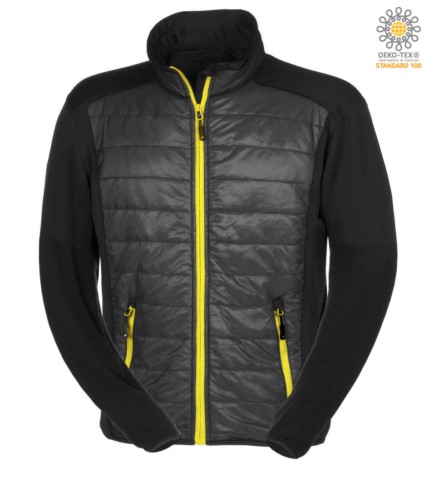 Slim fit jacket for men, with mixed material: fleece and primaloft padding, high rigid collar. Long front zip in contrast colour yellow.Colour: black