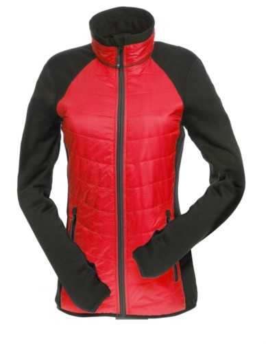 Slim fit jacket for women, with mixed material: fleece and primaloft padding, high rigid collar. Long front zip in contrast.Colour: red & black