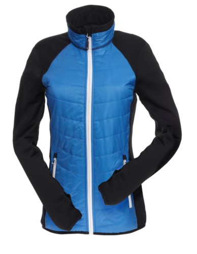 Slim fit jacket for women, with mixed material: fleece and primaloft padding, high rigid collar. Long front zip in contrast colour white.Colour: cobalt  & black