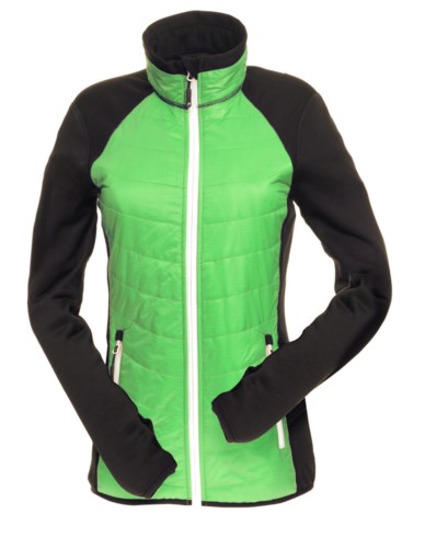 Slim fit jacket for women, with mixed material: fleece and primaloft padding, high rigid collar. Long front zip in contrast colour white.Colour: green & black