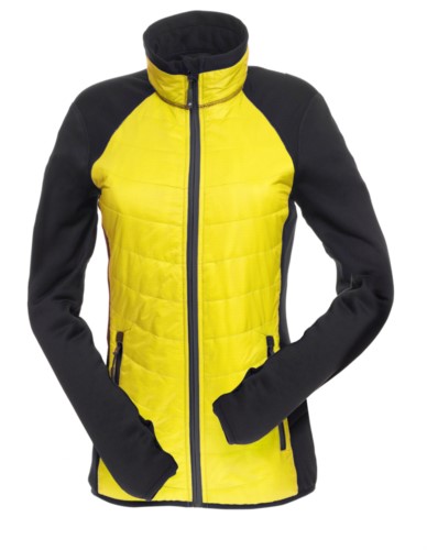 Slim fit jacket for women, with mixed material: fleece and primaloft padding, high rigid collar. Long front zip in contrast.Colour: yellow & black