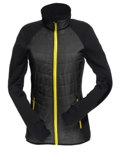Slim fit jacket for women, with mixed material: fleece and primaloft padding, high rigid collar. Long front zip in contrast colour yellow.Colour:  Black