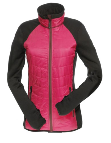 Slim fit jacket for women, with mixed material: fleece and primaloft padding, high rigid collar. Long front zip in contrast.Colour: Berry and Black