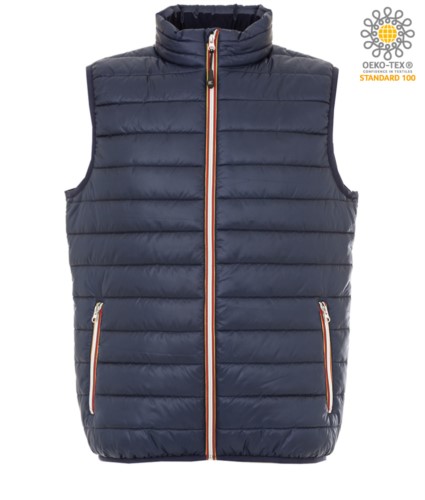 padded vest in shiny nylon, waterproof, blue colour, with polyester lining