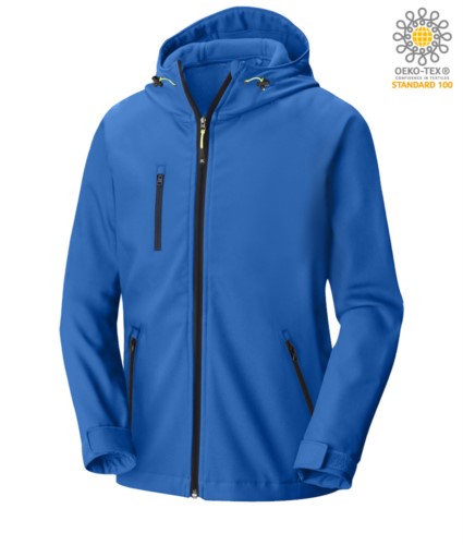 Two layer softshell jacket with hood, waterproof. Color: Blue Royal