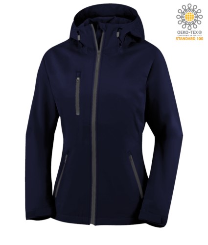 Two layer softshell jacket for women  with hood, waterproof. Color: Navy Blue
