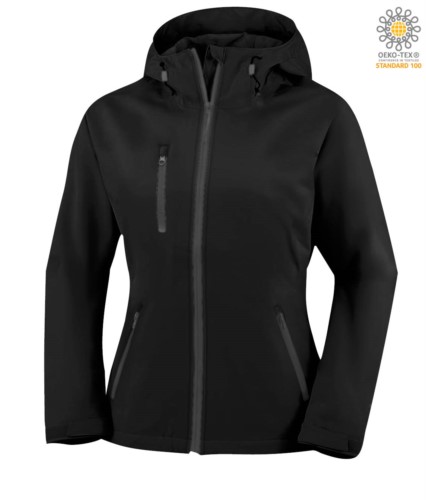 Two layer softshell jacket for women  with hood, waterproof. Color: Black