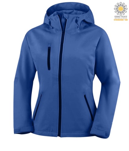 Two layer softshell jacket for women  with hood, waterproof. Color: Royal blue
