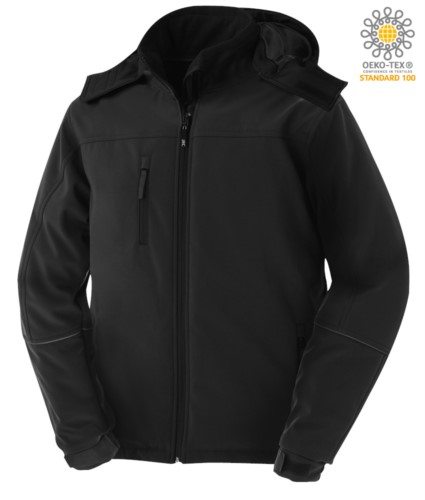Padded jacket in waterproof and breathable softshell, waterproof. Detachable hood, covered zippers and reflective profiles on the arms and hood. Colour: Black