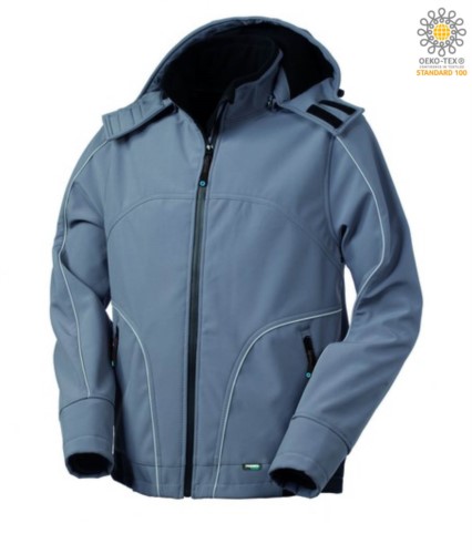 Softshell jacket with hood, zip closure, rainproof, reflective profiles on front, back and along the sleeves. Colour: Grey