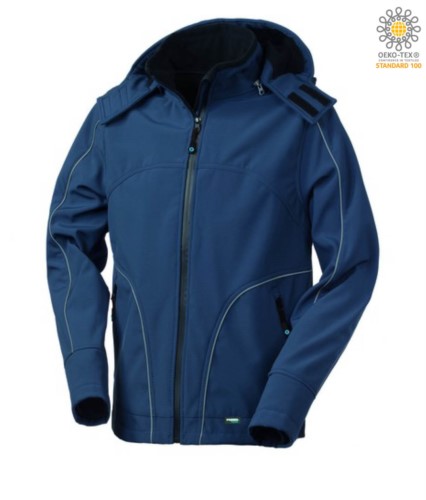 Softshell jacket with hood, zip closure, rainproof, reflective profiles on front, back and along the sleeves. Colour: navy blue