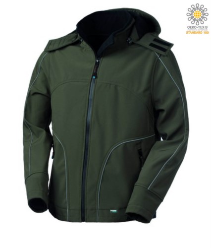 Softshell jacket with hood, zip closure, rainproof, reflective profiles on front, back and along the sleeves. Colour: Green