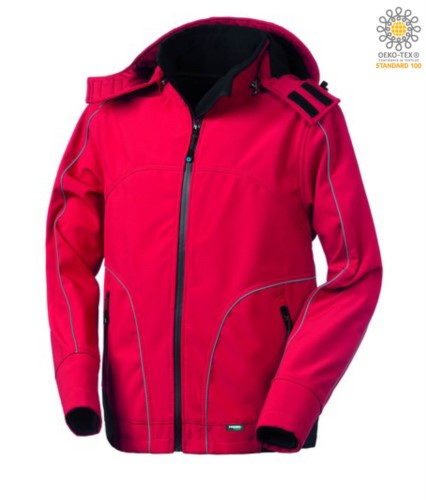 Softshell jacket with hood, zip closure, rainproof, reflective profiles on front, back and along the sleeves. Colour: Red
