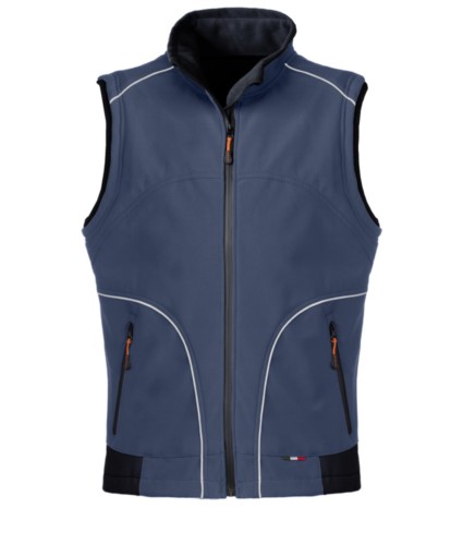 Navy blue softshell work vest with reflective inserts. Polyester fabric.