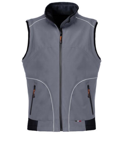grey softshell work vest with reflective inserts. Polyester fabric.