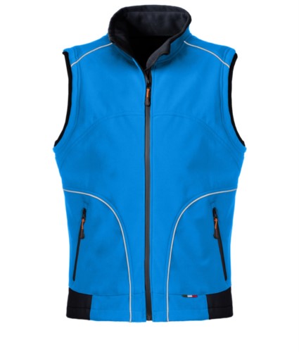 Royal blue softshell work vest with reflective inserts. Polyester fabric.