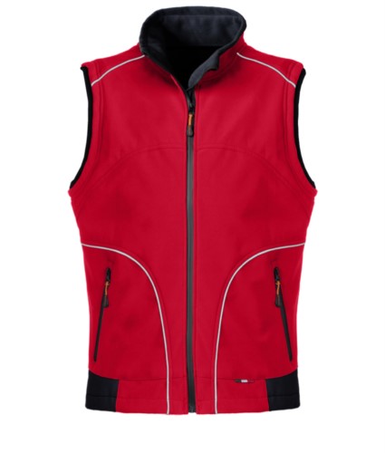 Red softshell work vest with reflective inserts. Polyester fabric.