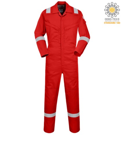 Antistatic and fireproof light coverall, adjustable cuff, sleeve pocket, knee pockets, side access, tape measure pocket, radio ring, red colour. CE certified, EN11611, EN1149-5, EN11612:2009