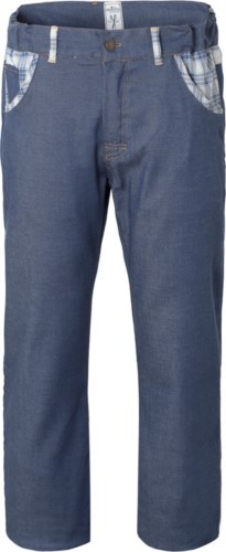 Chef trousers, elasticated waist, button fly, two front pockets, two back pockets, denim colour