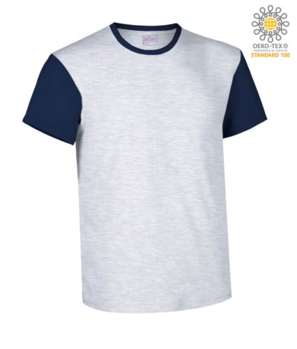 Two-tone short-sleeved T-shirt , contrasting crew neck and sleeves, 100% Cotton. Colour melange grey and blue