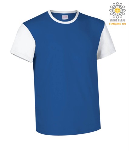 Two-tone short-sleeved T-shirt , contrasting crew neck and sleeves, 100% Cotton. Colour royal blue and white