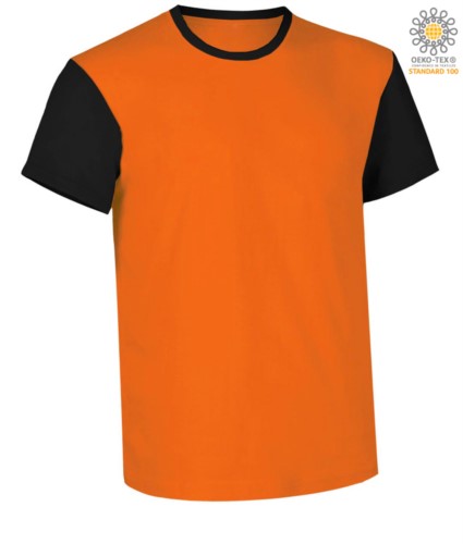 Two-tone short-sleeved T-shirt , contrasting crew neck and sleeves, 100% Cotton. Colour orange and black