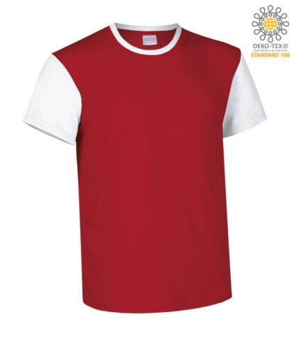 Two-tone short-sleeved T-shirt , contrasting crew neck and sleeves, 100% Cotton. Colour red and white