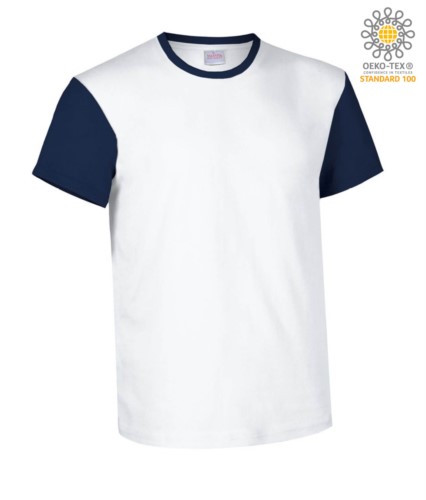 Two-tone short-sleeved T-shirt , contrasting crew neck and sleeves, 100% Cotton. Colour white and blue