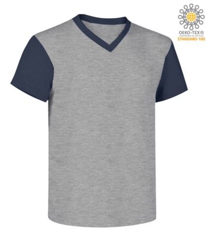 V-neck, two-tone work shirt with contrasting collar and sleeves.  Colour melange grey/navy blue