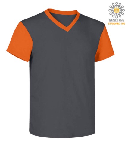 V-neck, two-tone work shirt with contrasting collar and sleeves.  Colour gery/orange