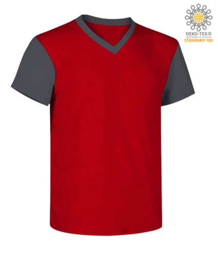 V-neck, two-tone work shirt with contrasting collar and sleeves.  Colour Red/Grey