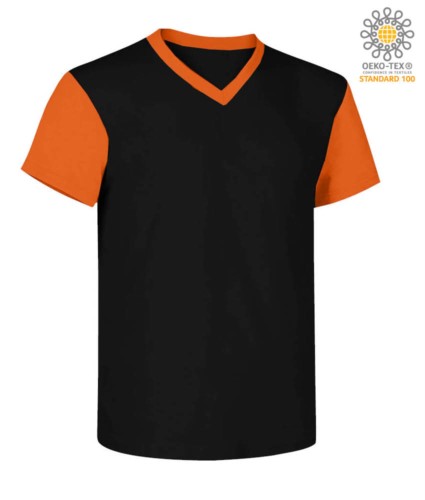 V-neck, two-tone work shirt with contrasting collar and sleeves.  Colour black/orange
